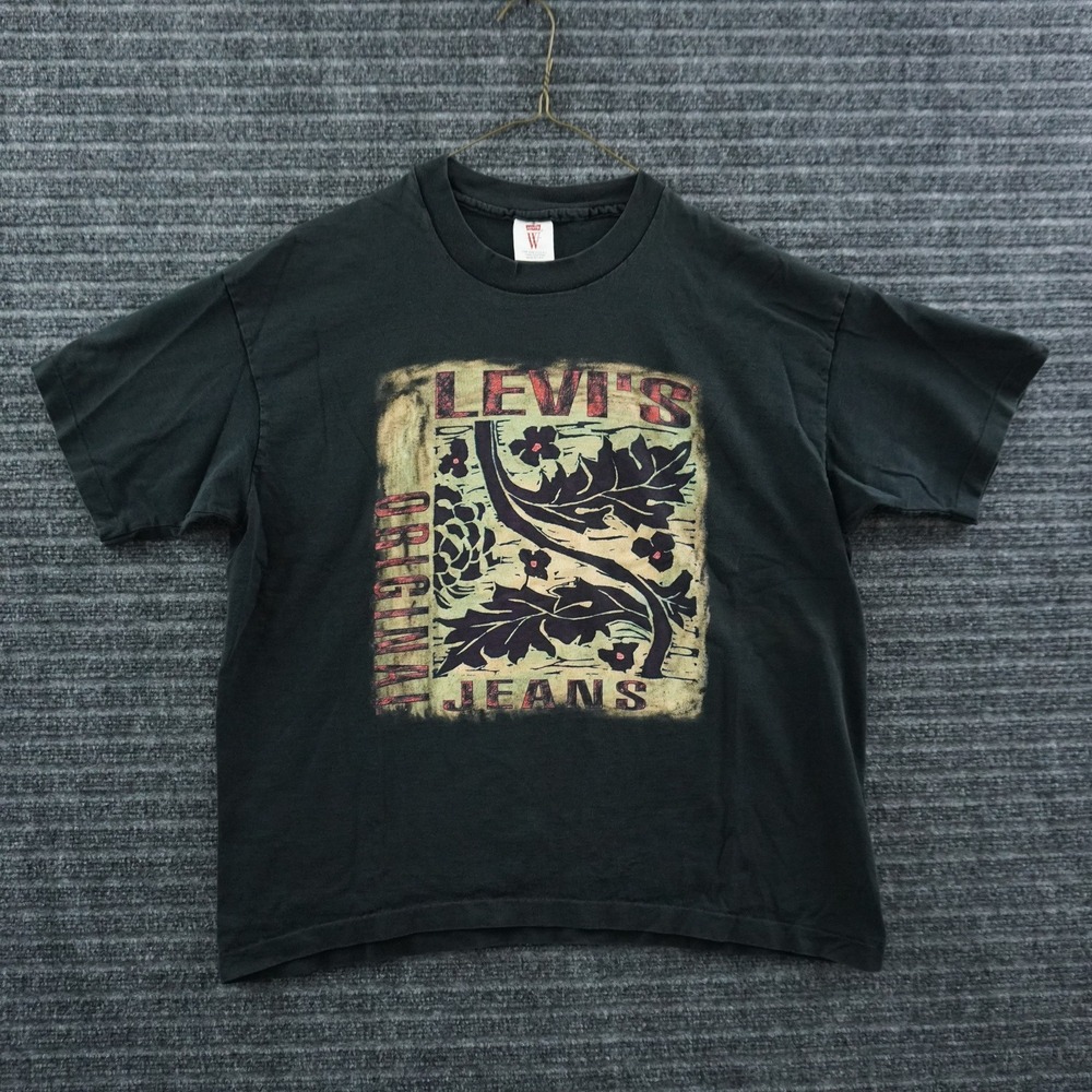 Vintage 90s Levi's T-Shirt Women OSFA (Size L) Black Single Stitch Graphic